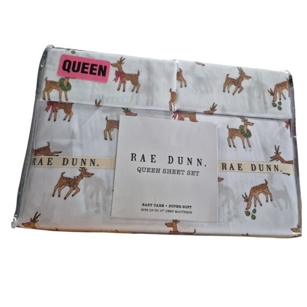 Rae Dunn Queen Sheet Set Reindeer Christmas Holiday Easy Care Super Soft